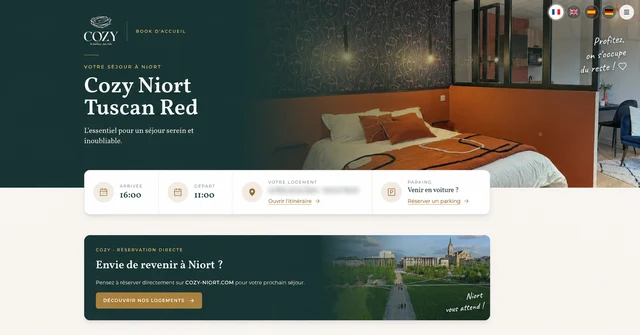 Cozy : accueil du guide voyageurs, adresse masquée
